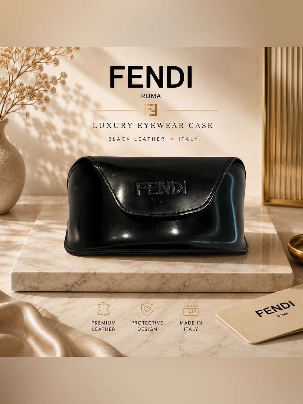 Fendi Black Leather Eyewear Hard Case with Embossed Logo